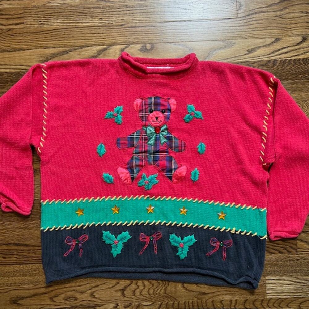 VTG Paris Smith Holiday Christmas Sweater Womens L Embroidered Red Green Bear